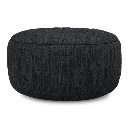 30" Black Genuine Leather Round Pouf Ottoman HomeRoots