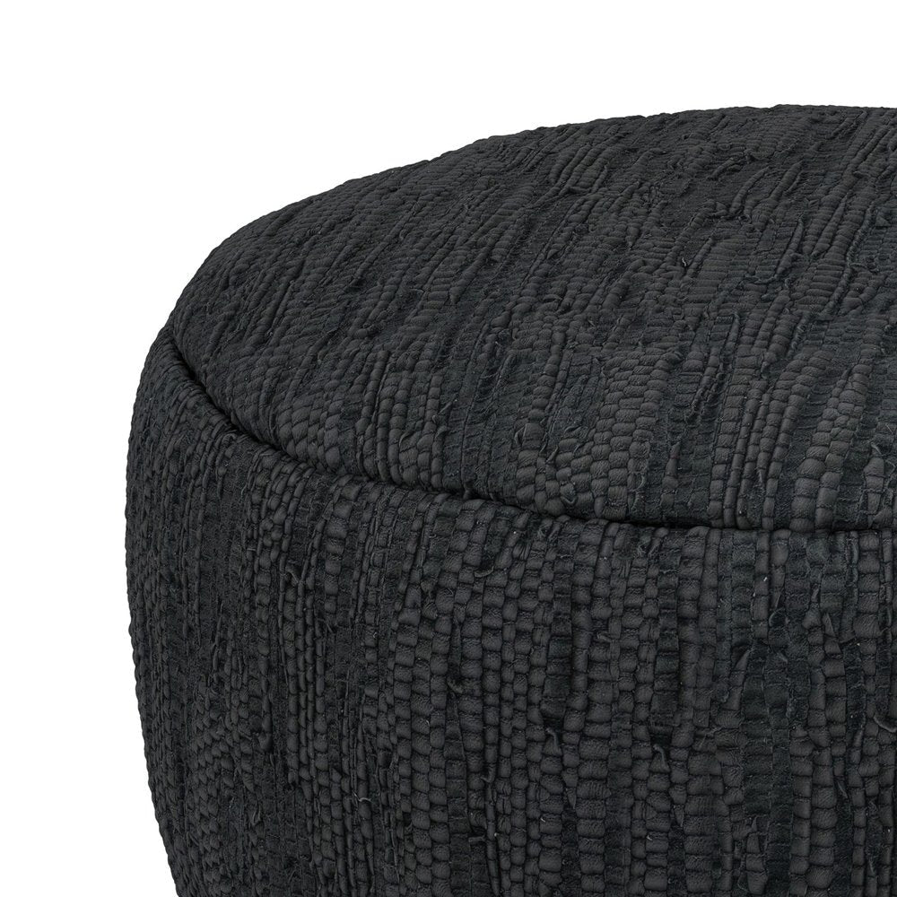 30" Black Genuine Leather Round Pouf Ottoman HomeRoots