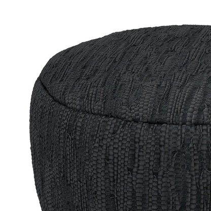 30" Black Genuine Leather Round Pouf Ottoman HomeRoots