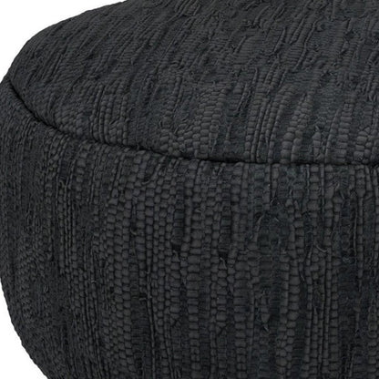 30" Black Genuine Leather Round Pouf Ottoman HomeRoots