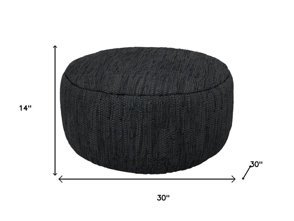 30" Black Genuine Leather Round Pouf Ottoman HomeRoots