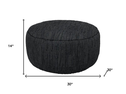 30" Black Genuine Leather Round Pouf Ottoman HomeRoots