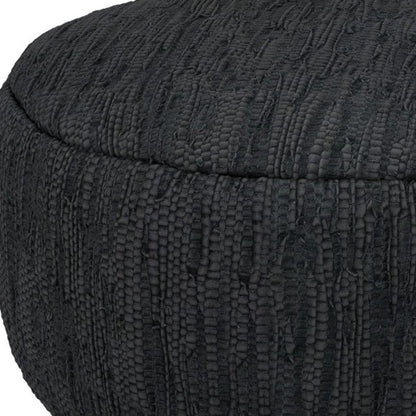 30" Black Genuine Leather Round Pouf Ottoman HomeRoots