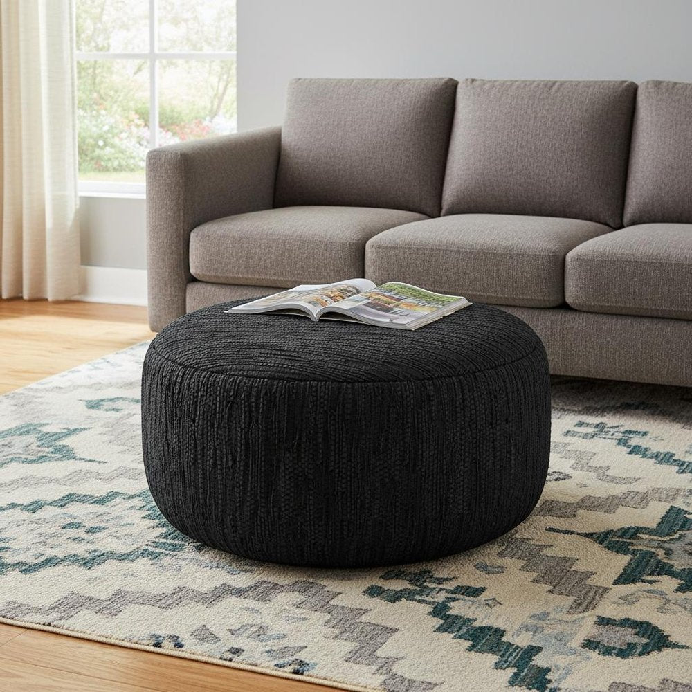 30" Black Genuine Leather Round Pouf Ottoman — view 1