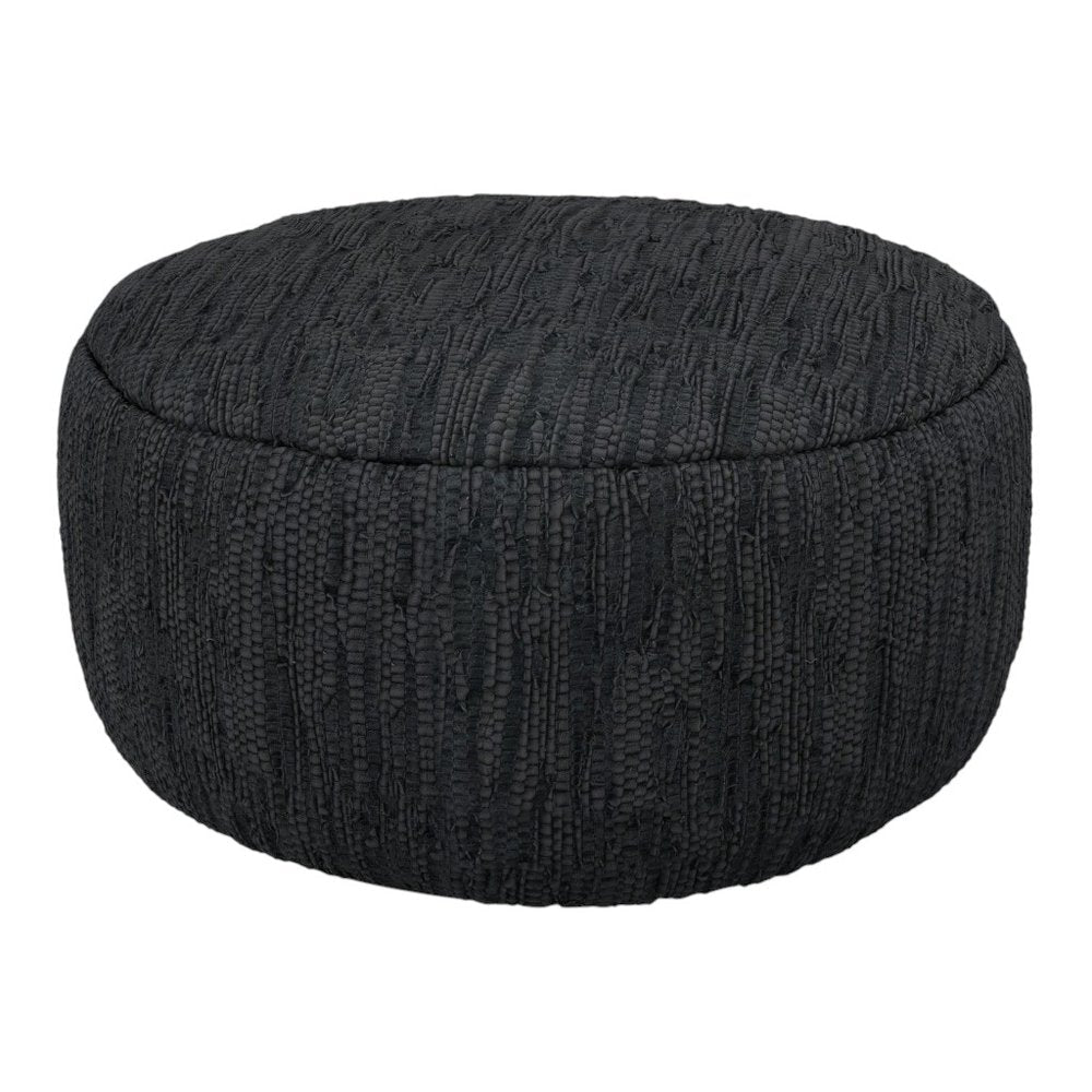 30" Black Genuine Leather Round Pouf Ottoman HomeRoots
