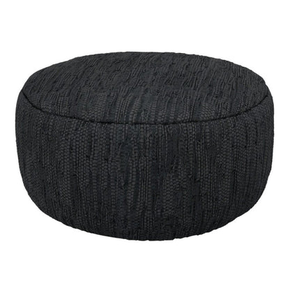 30" Black Genuine Leather Round Pouf Ottoman HomeRoots