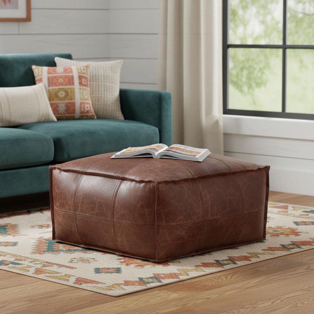 26" Dark Brown Leather Pouf Ottoman — view 7
