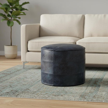 18" Brown Genuine Leather Round Pouf Ottoman HomeRoots