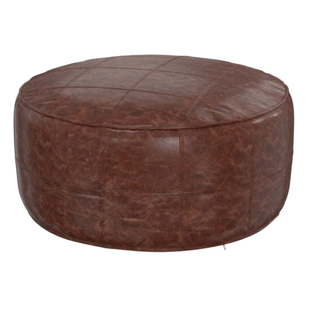 34" Brown Genuine Leather Round Pouf Ottoman HomeRoots