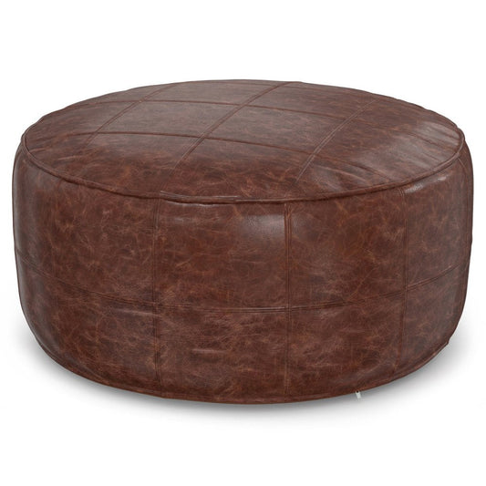 34" Brown Genuine Leather Round Pouf Ottoman