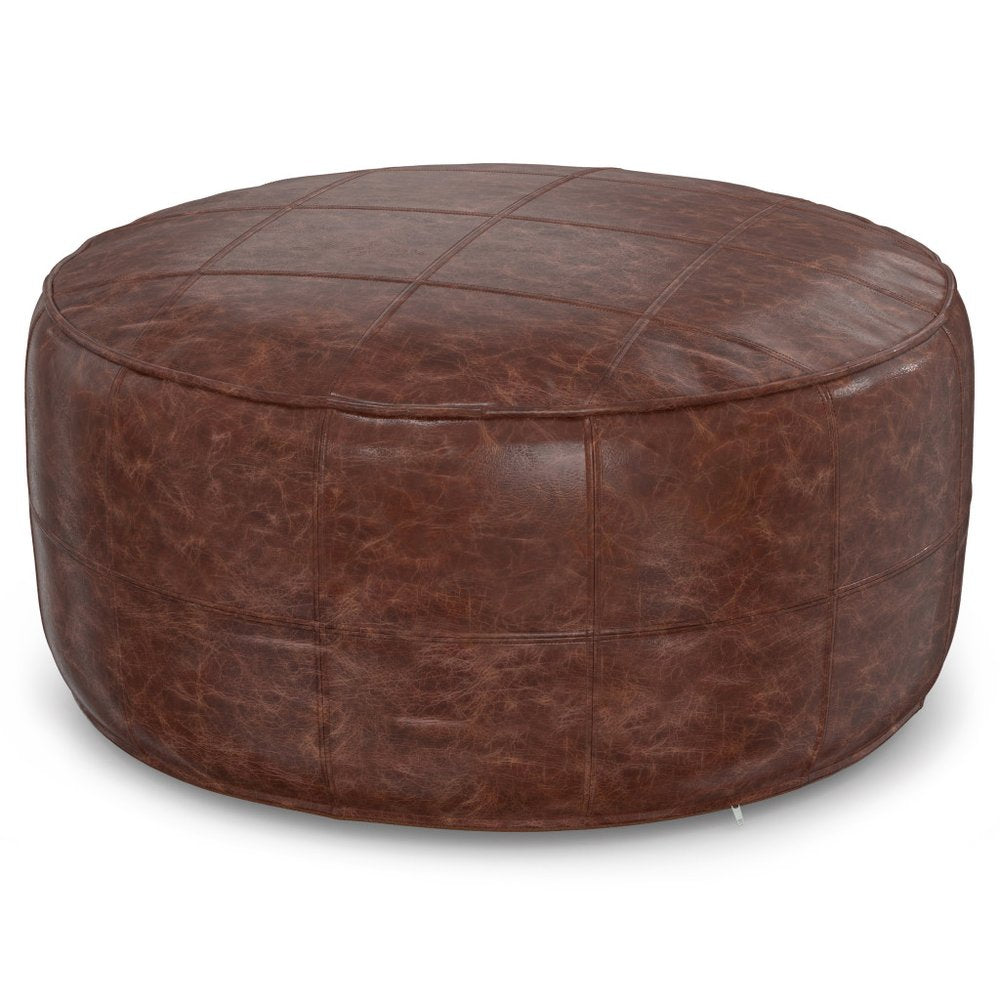 34" Brown Genuine Leather Round Pouf Ottoman HomeRoots