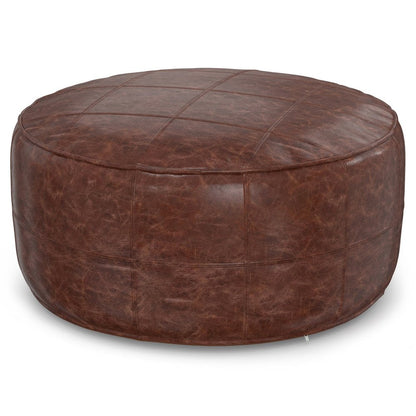 34" Brown Genuine Leather Round Pouf Ottoman HomeRoots