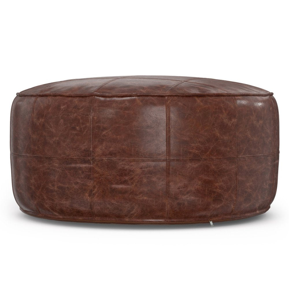 34" Brown Genuine Leather Round Pouf Ottoman — view 2