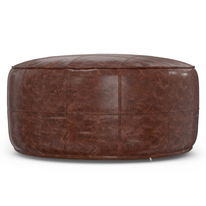 34" Brown Genuine Leather Round Pouf Ottoman HomeRoots