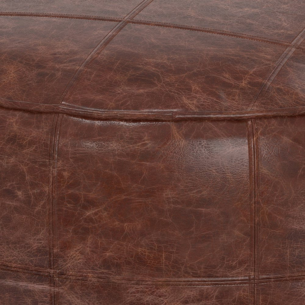 34" Brown Genuine Leather Round Pouf Ottoman HomeRoots