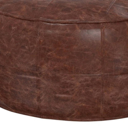 34" Brown Genuine Leather Round Pouf Ottoman HomeRoots