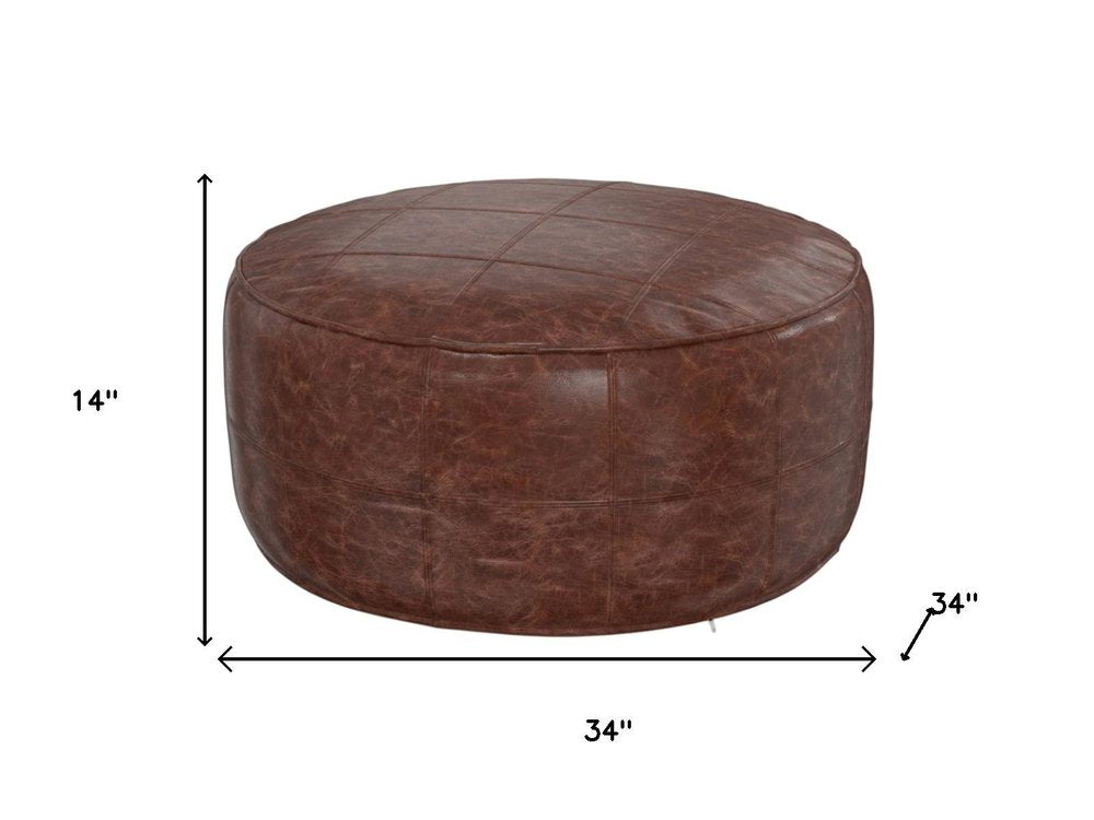 34" Brown Genuine Leather Round Pouf Ottoman — view 9