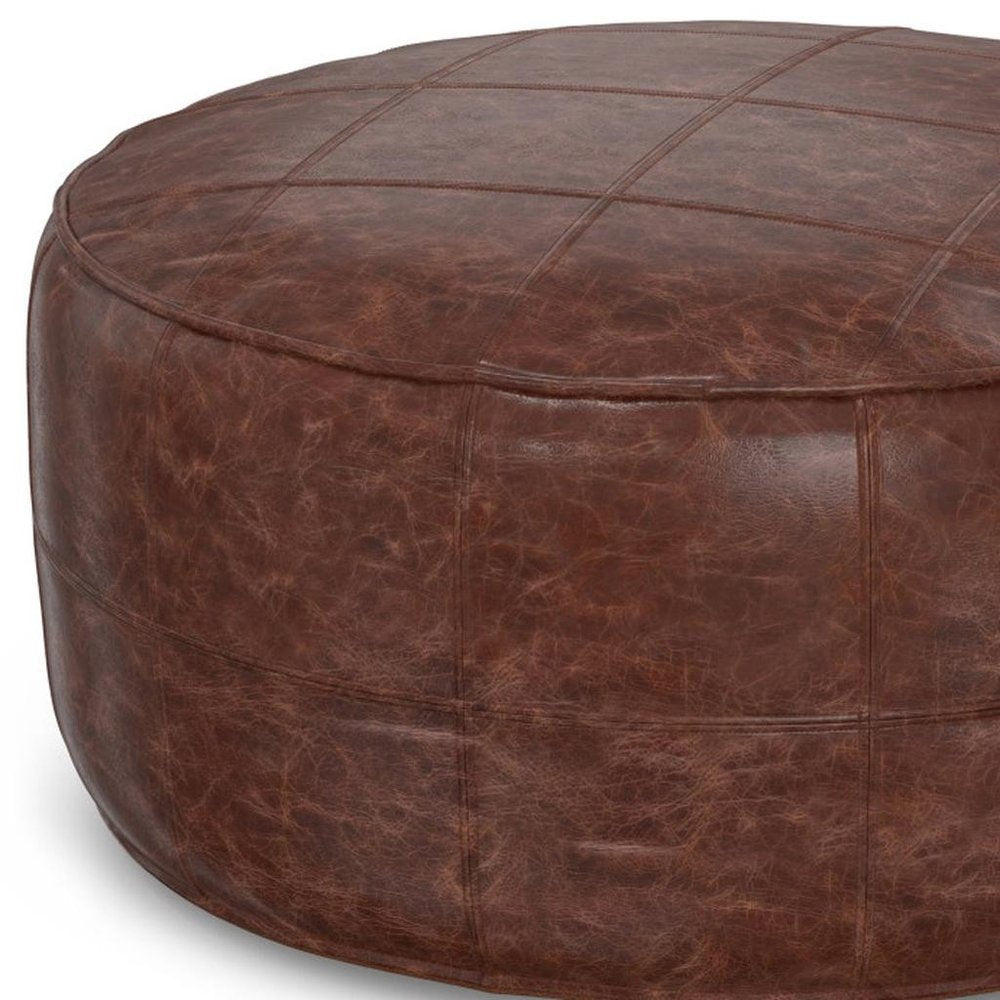 34" Brown Genuine Leather Round Pouf Ottoman — view 5
