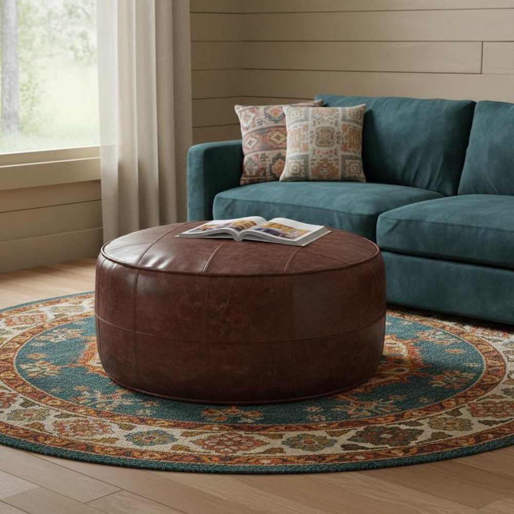 34" Brown Genuine Leather Round Pouf Ottoman HomeRoots