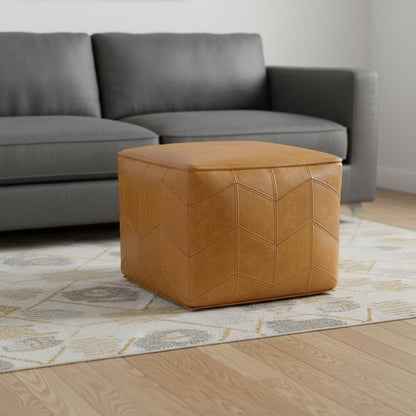 18" Brown Genuine Leather Pouf Ottoman HomeRoots