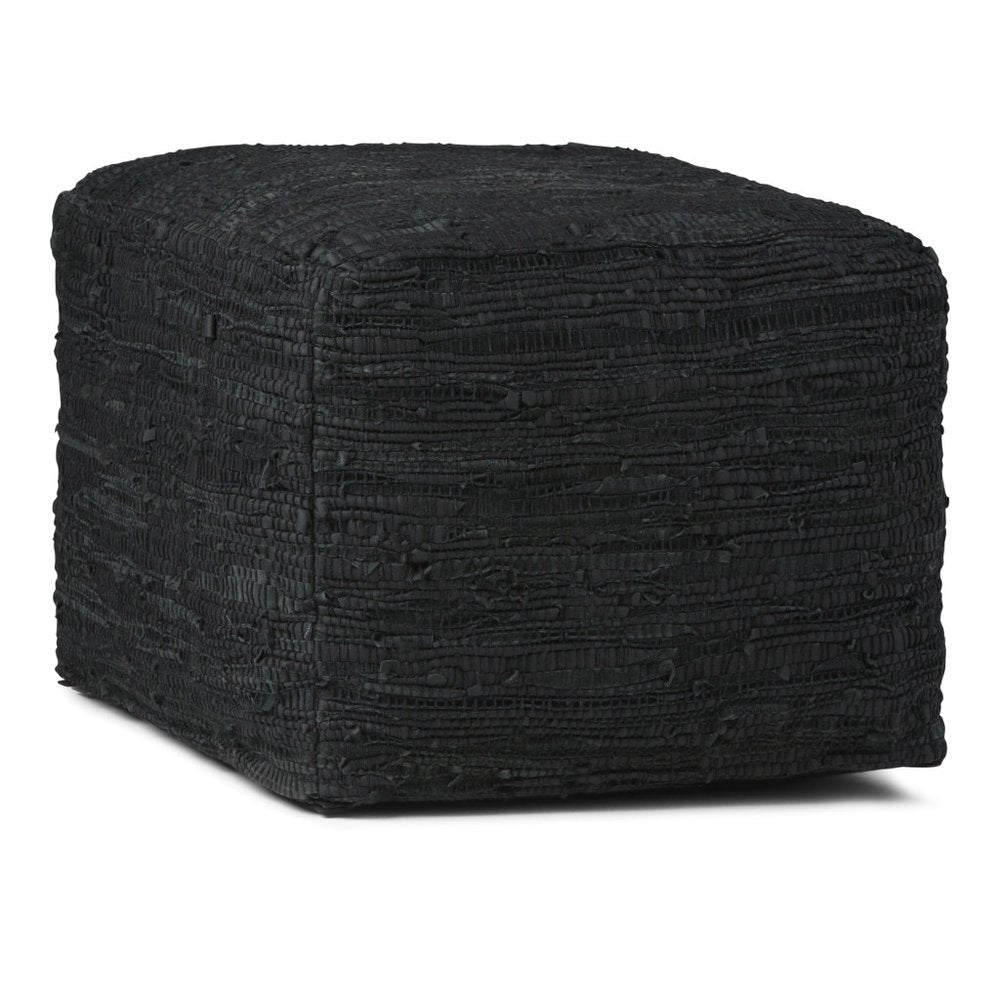 18" Black Genuine Leather Pouf Ottoman HomeRoots