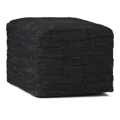18" Black Genuine Leather Pouf Ottoman HomeRoots
