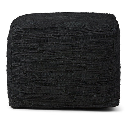 18" Black Genuine Leather Pouf Ottoman HomeRoots