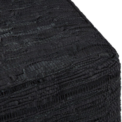 18" Black Genuine Leather Pouf Ottoman HomeRoots