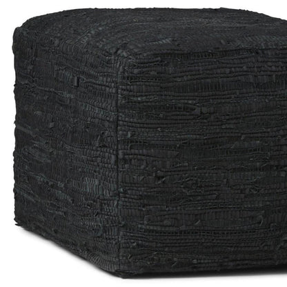 18" Black Genuine Leather Pouf Ottoman HomeRoots