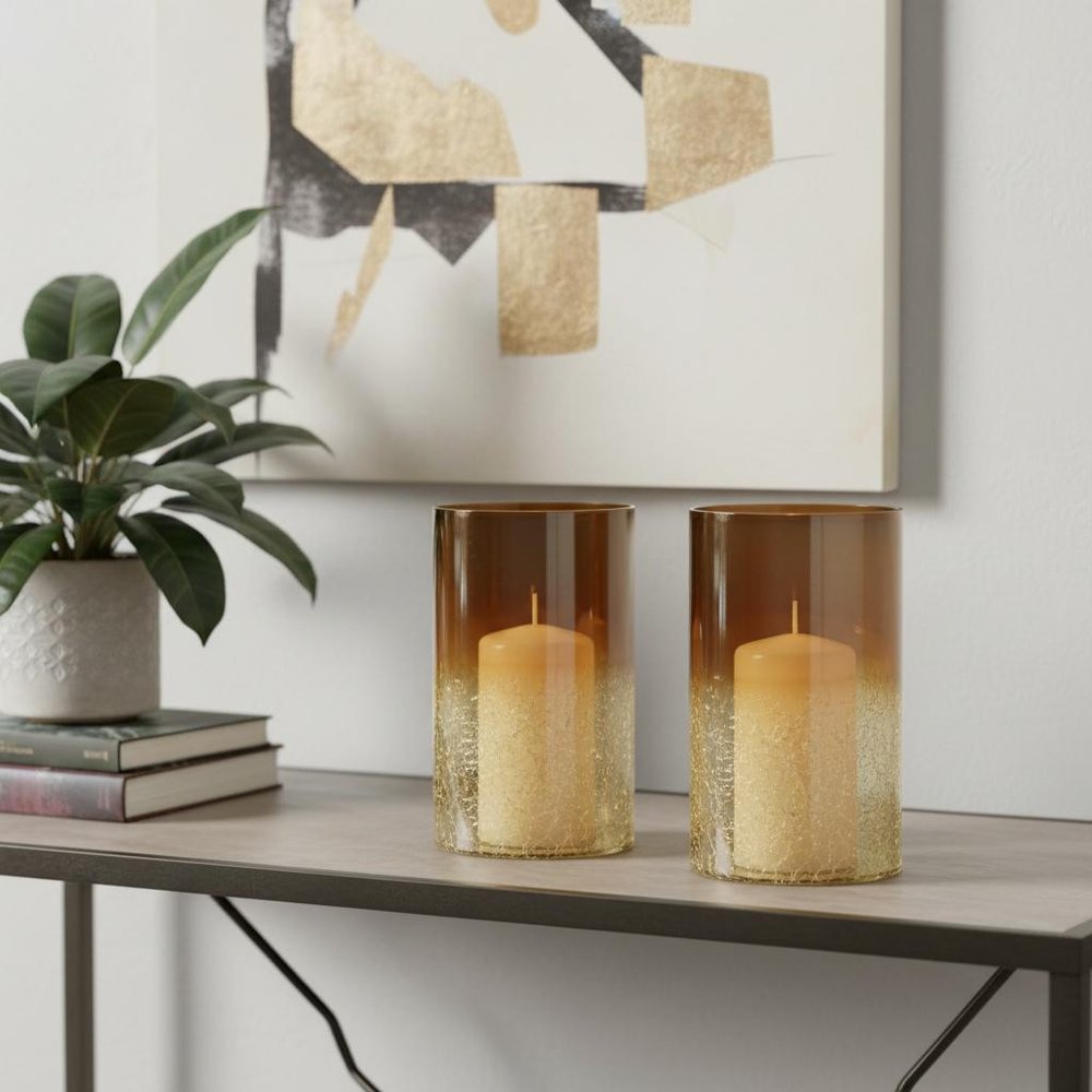 Set of Two Gold Glass Tabletop Pillar Candle Holders HomeRoots
