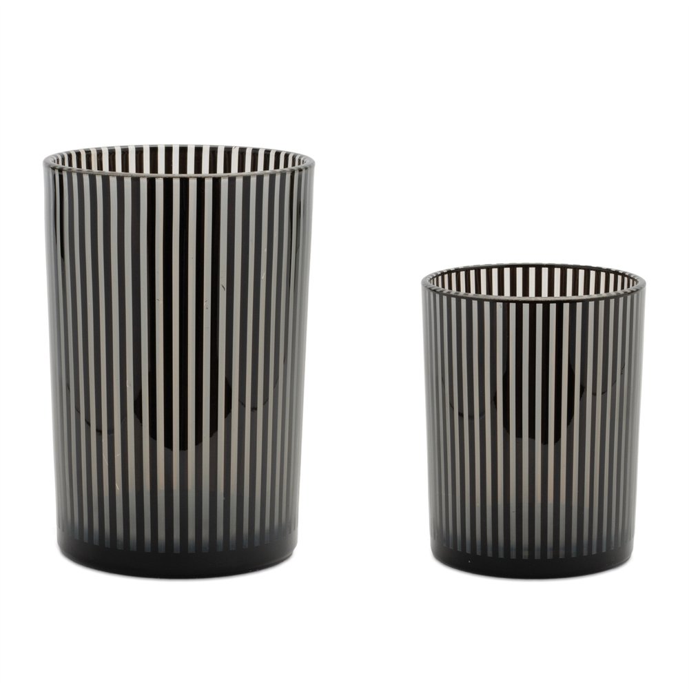 Set of Two Black Striped Glass Tabletop Pillar Candle Holders HomeRoots
