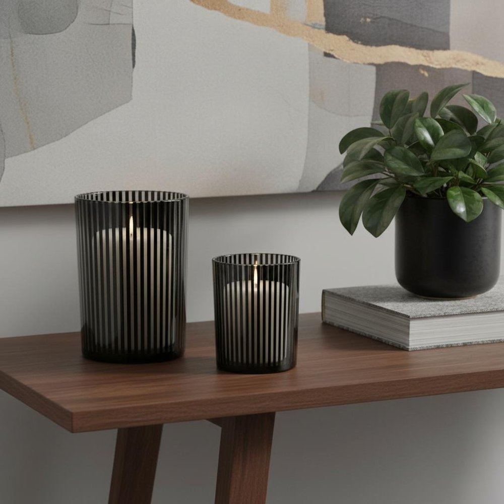 Set of Two Black Striped Glass Tabletop Pillar Candle Holders HomeRoots