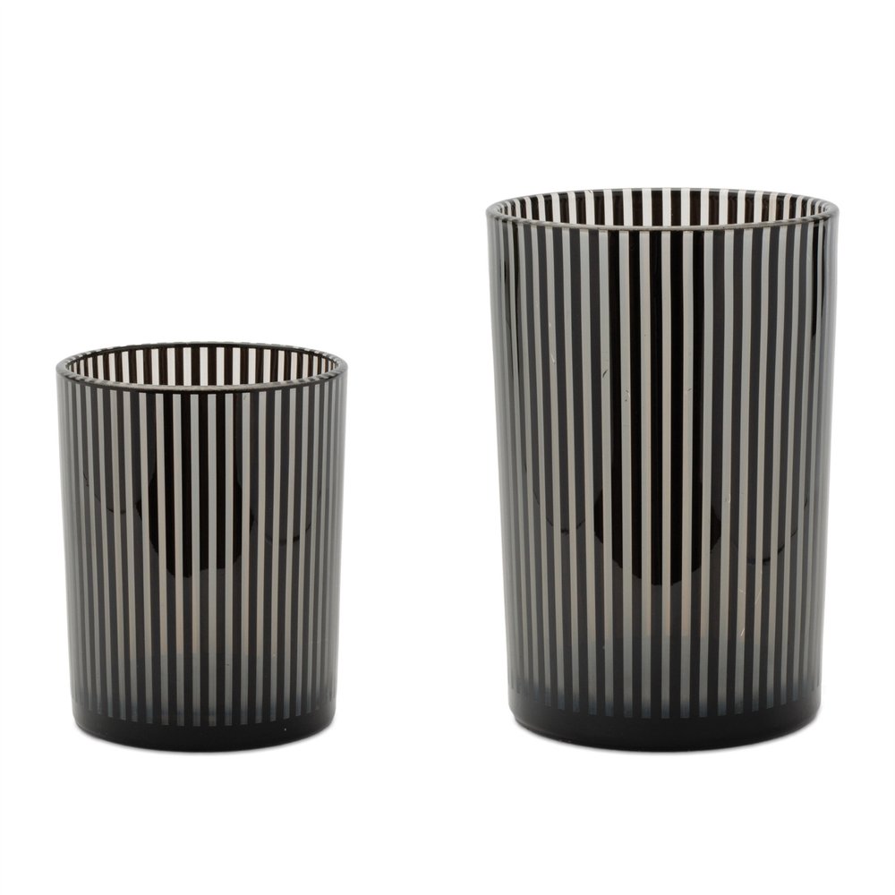 Set of Two Black Striped Glass Tabletop Pillar Candle Holders HomeRoots