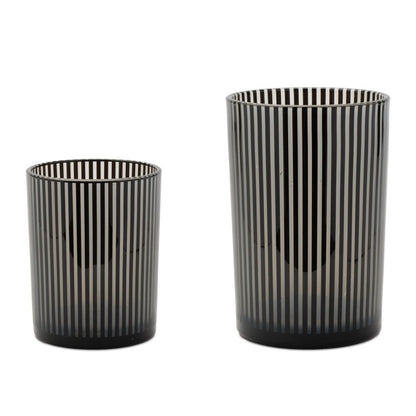 Set of Two Black Striped Glass Tabletop Pillar Candle Holders HomeRoots