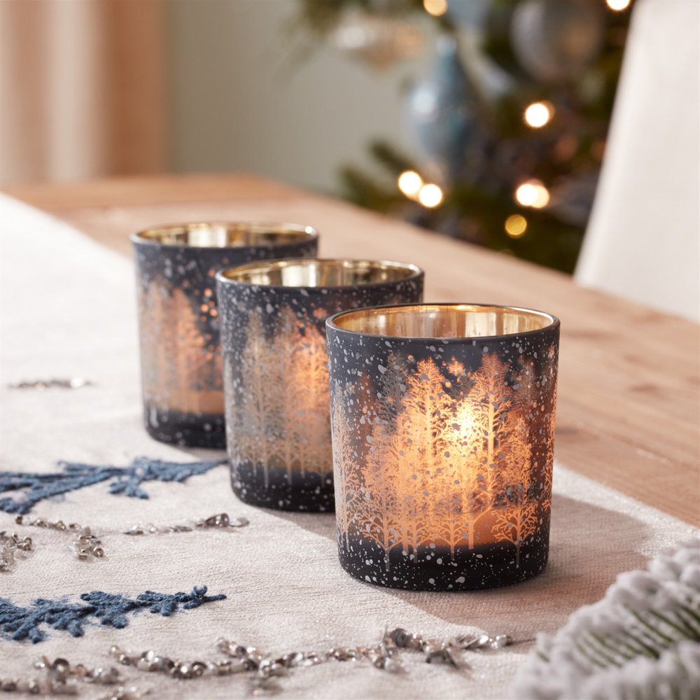 Set of Three Blue And Gray Abstract Glass Tabletop Votive Candle Holders HomeRoots