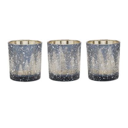 Set of Three Blue And Gray Abstract Glass Tabletop Votive Candle Holders HomeRoots