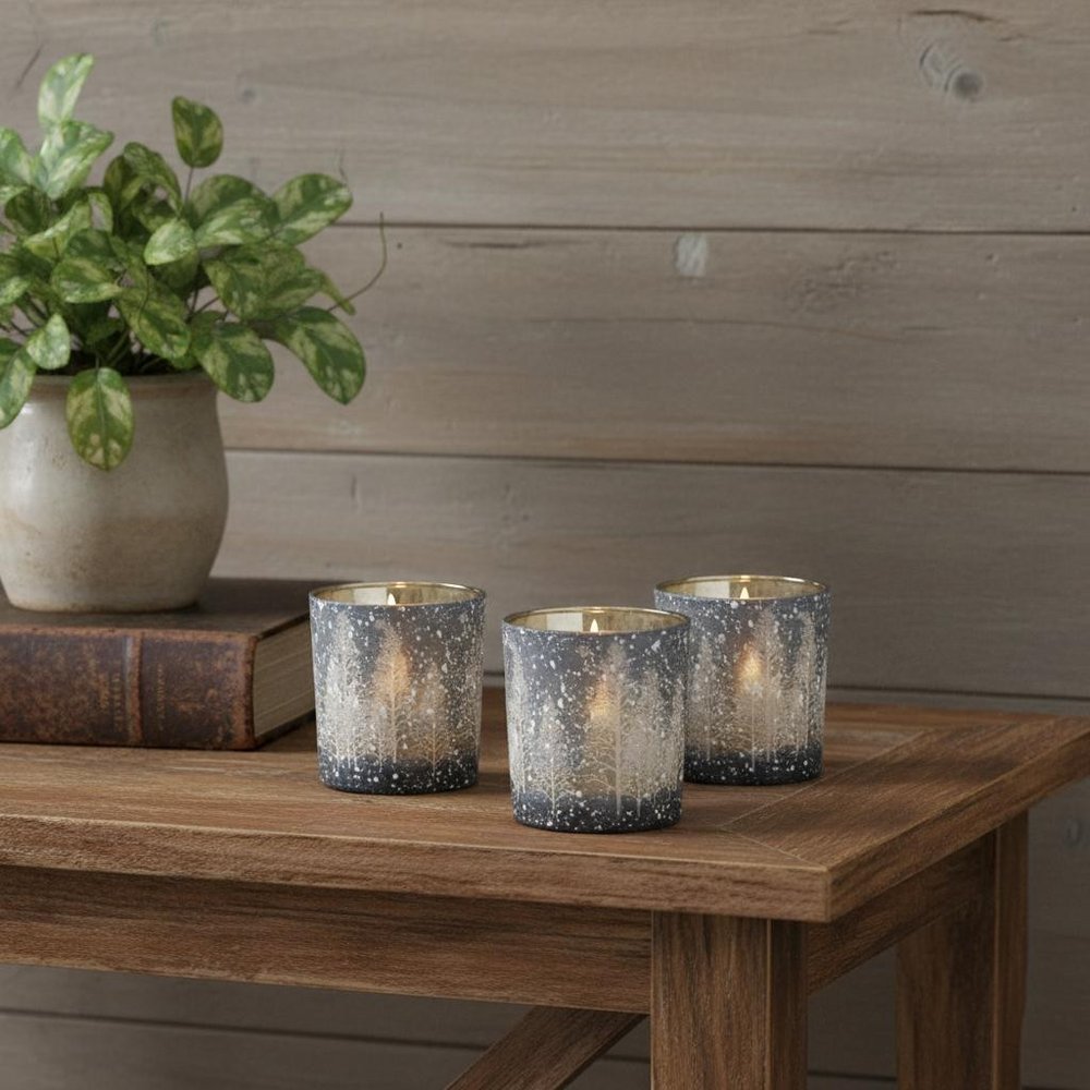 Set of Three Blue And Gray Abstract Glass Tabletop Votive Candle Holders HomeRoots