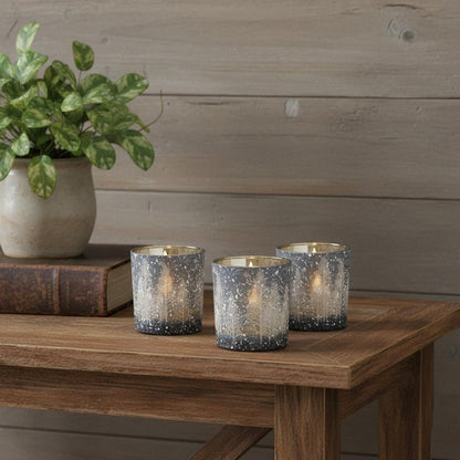 Set of Three Blue And Gray Abstract Glass Tabletop Votive Candle Holders HomeRoots