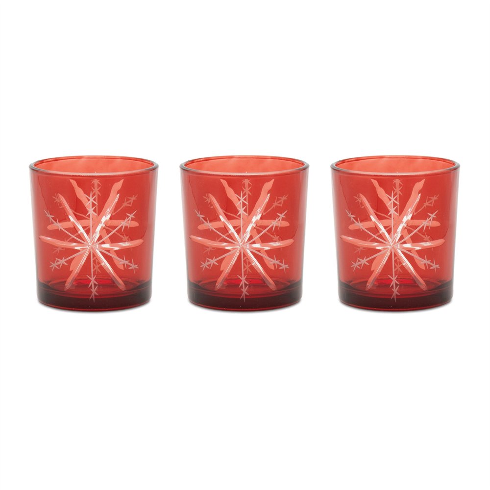 Set of Three Red Abstract Glass Tabletop Votive Candle Holders HomeRoots