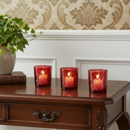 Set of Three Red Abstract Glass Tabletop Votive Candle Holders HomeRoots