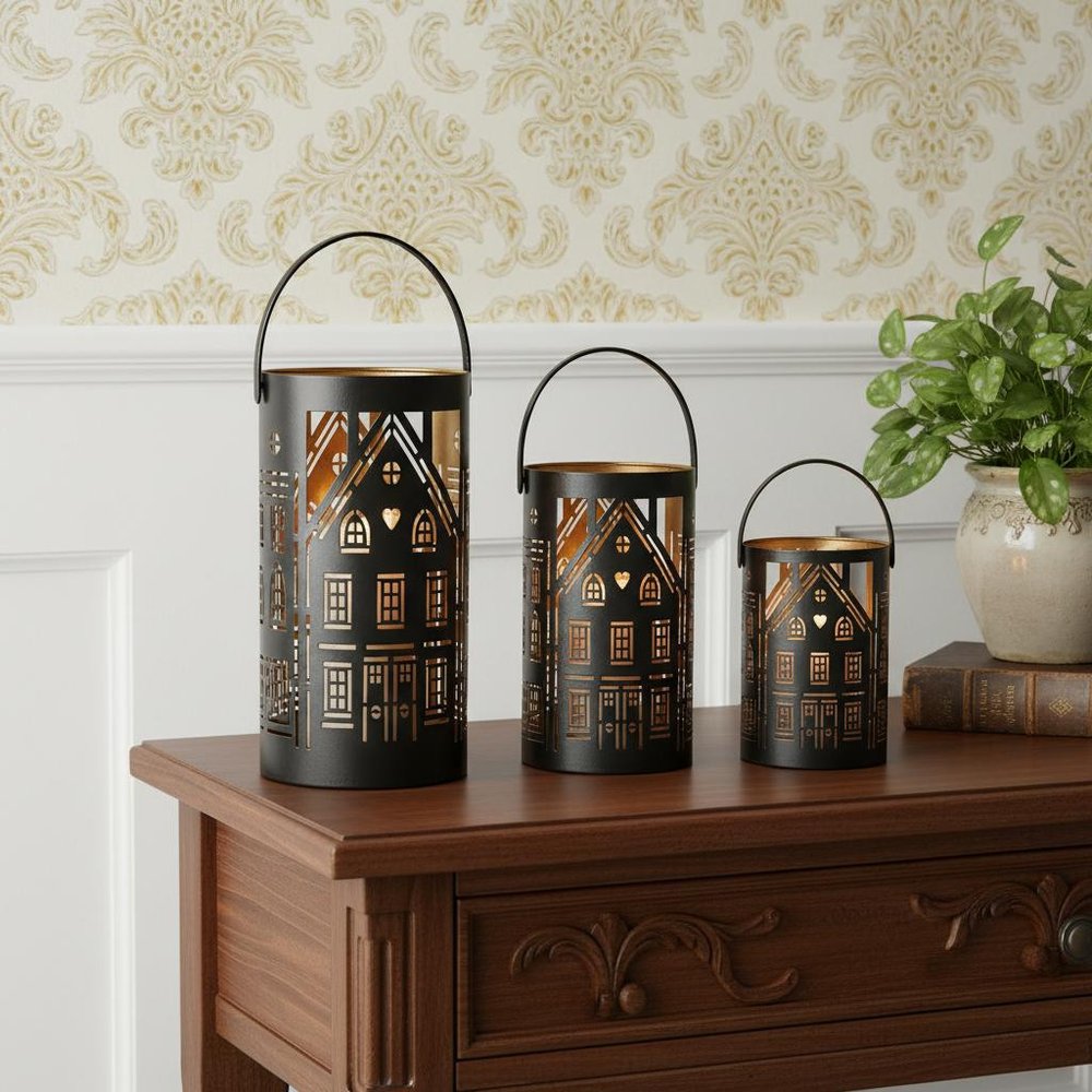 Set of Three Black And Gold Hammered Glass Tabletop Pillar Candle Holders HomeRoots