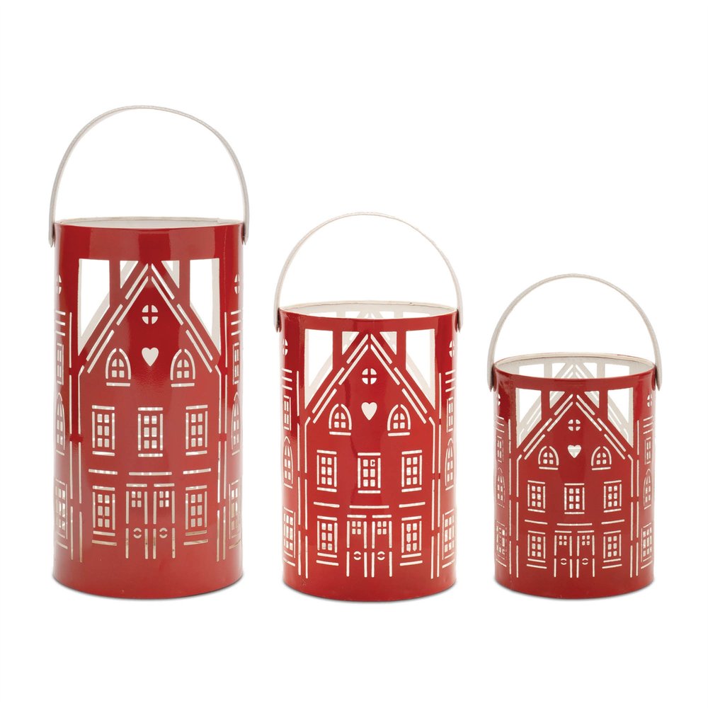 Set of Three Red And White Abstract Iron Tabletop Pillar Candle Holders HomeRoots