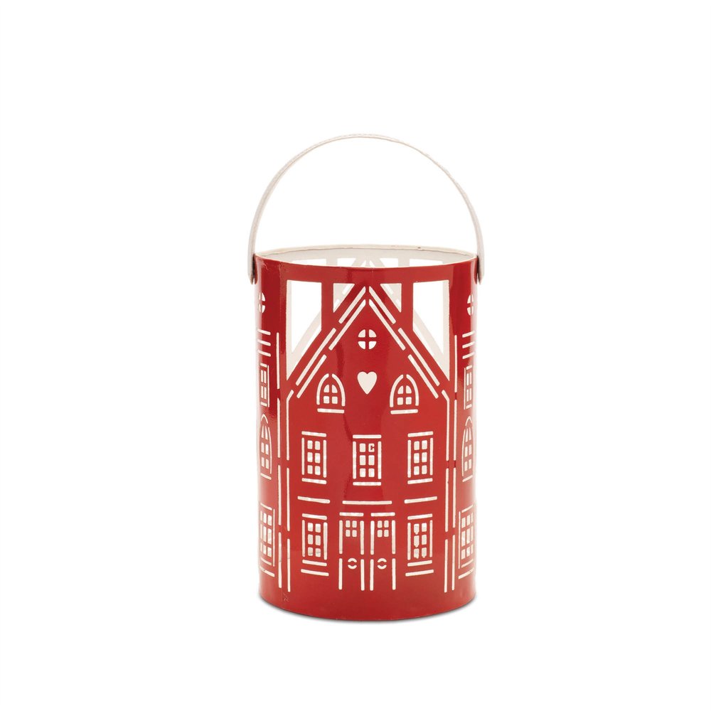 Set of Three Red And White Abstract Iron Tabletop Pillar Candle Holders HomeRoots