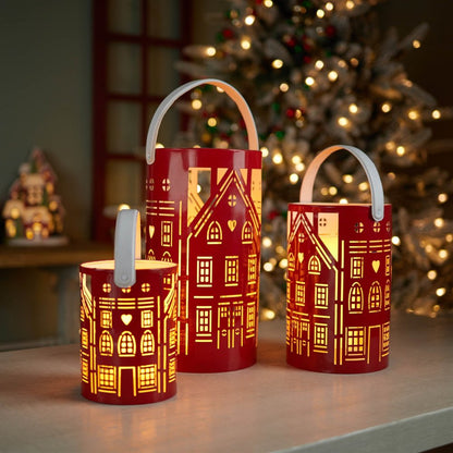 Set of Three Red And White Abstract Iron Tabletop Pillar Candle Holders HomeRoots
