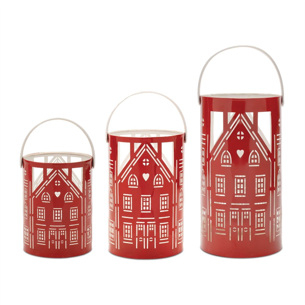 Set of Three Red And White Abstract Iron Tabletop Pillar Candle Holders HomeRoots