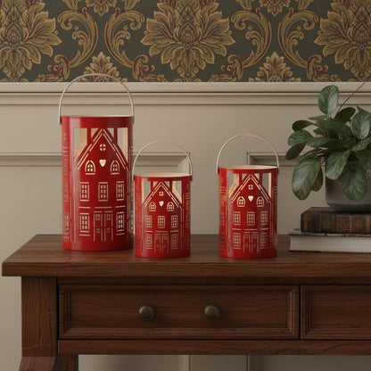 Set of Three Red And White Abstract Iron Tabletop Pillar Candle Holders HomeRoots