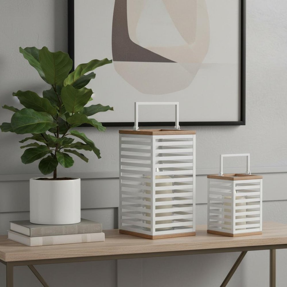 Set of Two White Abstract Metal Tabletop Pillar Candle Holders HomeRoots