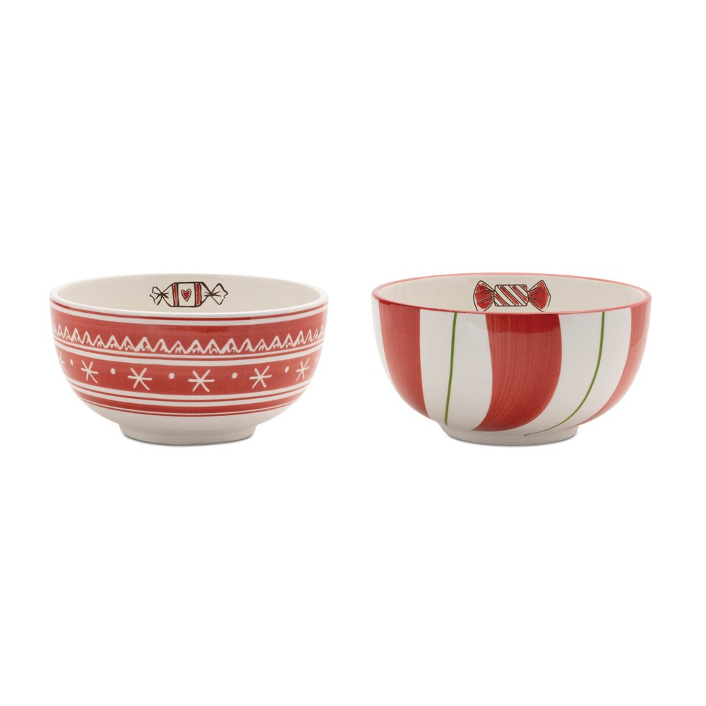 Set of Four 6" Red And White Ceramic Christmas Round Candy or Nut Bowls HomeRoots