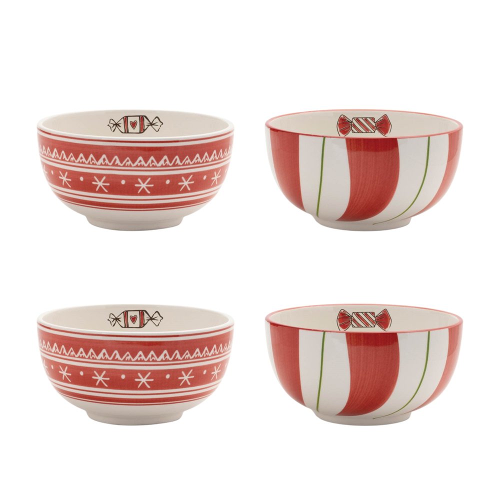 Set of Four 6" Red And White Ceramic Christmas Round Candy or Nut Bowls HomeRoots