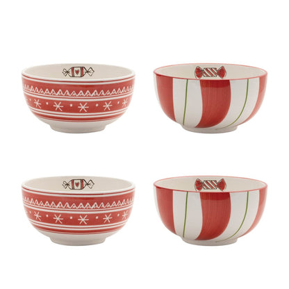 Set of Four 6" Red And White Ceramic Christmas Round Candy or Nut Bowls HomeRoots